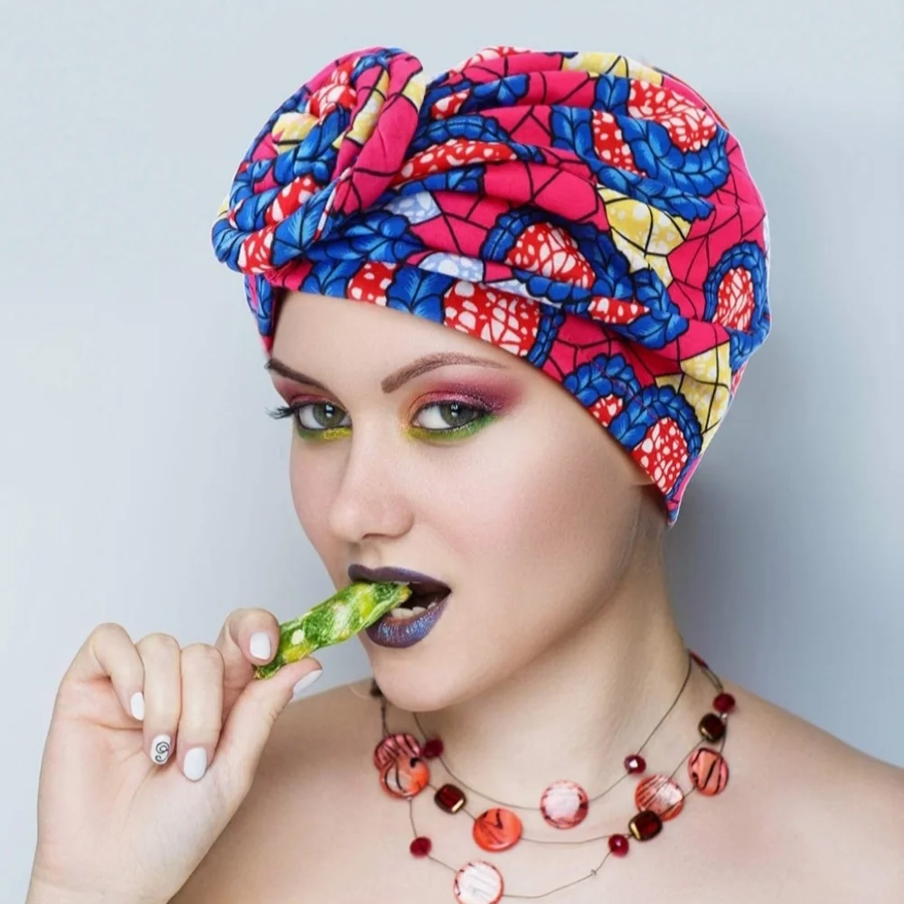 Vibrant Pre-tied Ankara Print Turban Headwrap Scarf Front Knot Bold Pattern NWOT